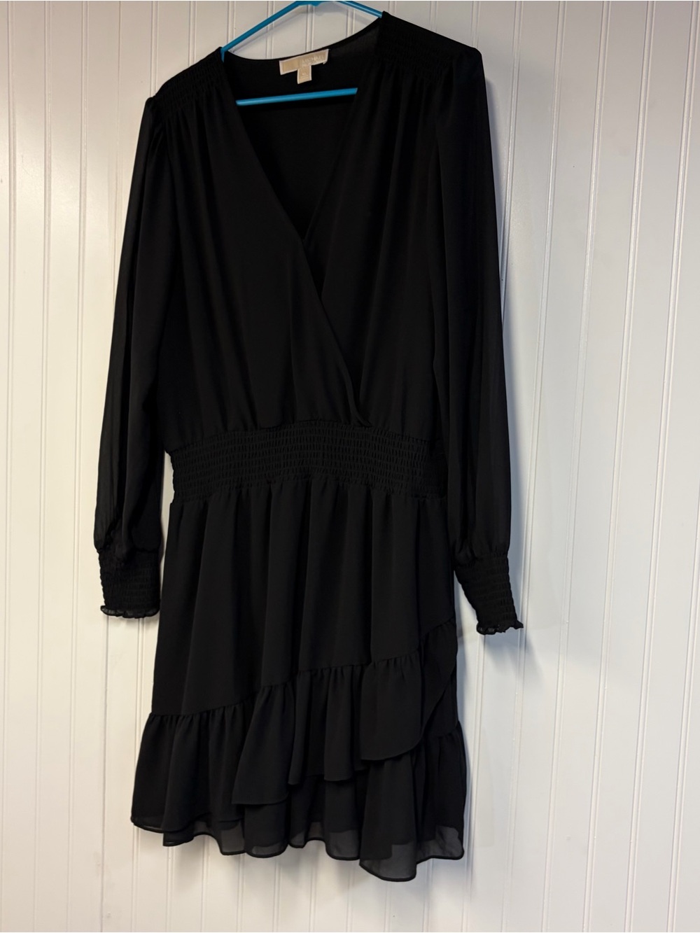 Michael Kors Black Long-Sleeve Smocked Waist Wrap Dress XL